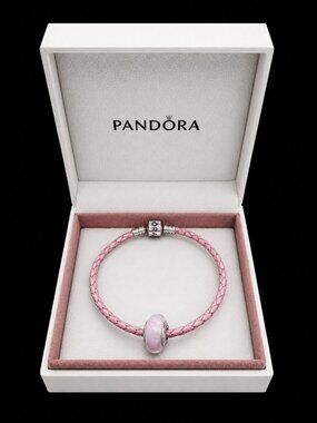 Pandora Pink Leather Bracelet Retired Candy Stripes Murano Charm 925 ALE w/ Box